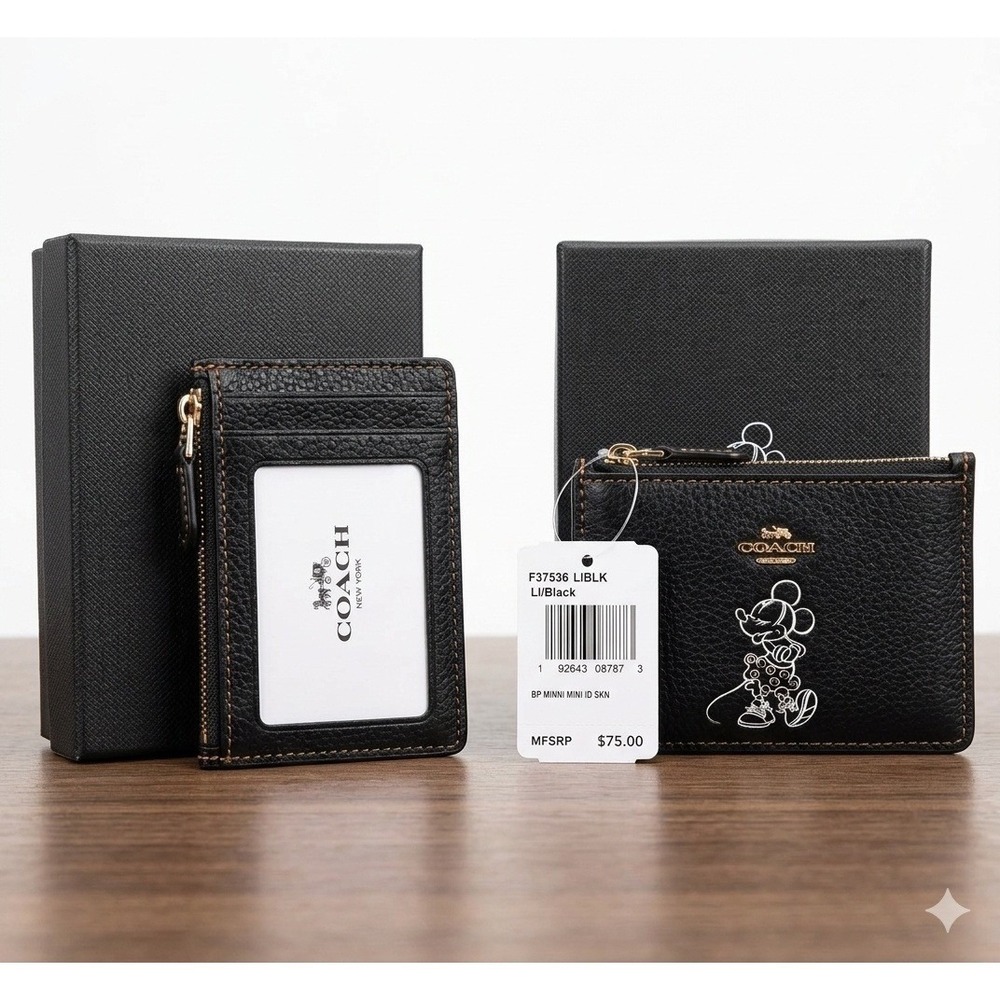 Coach Disney Minnie Mouse Mini Skinny ID Case Black Pebbled Leather F37536 NWT
